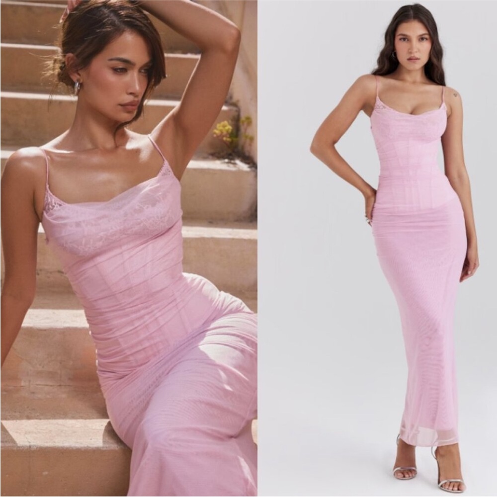 House of CB Dusty Pink Lace-Trim Maxi Dress
